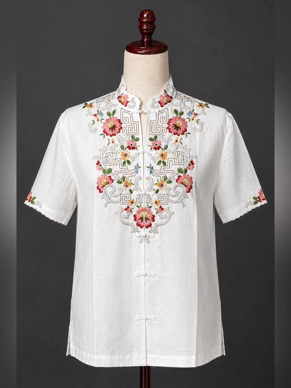 Dainty Vintage Embroidered White Short-Sleeve Oriental inspired Shirt-